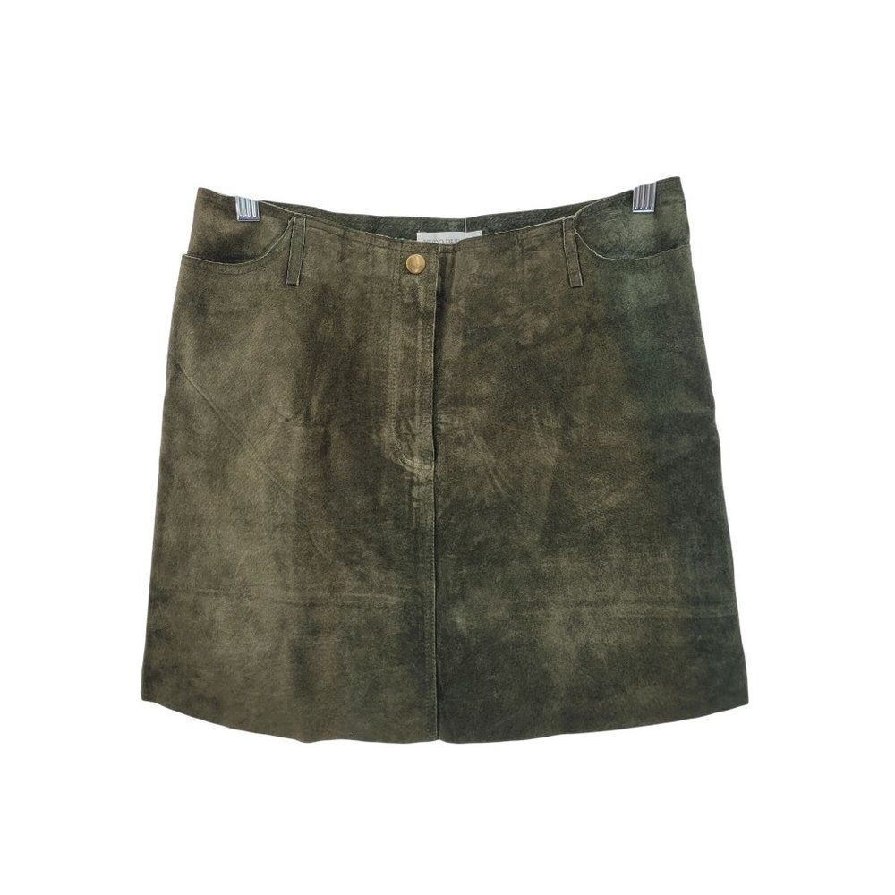 Vtg Olive Forest Green Suede Leather A-line Mini Skirt Womens Sz M‎ Country Boho